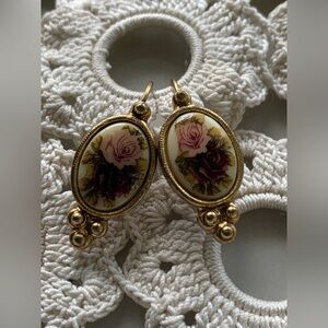 Vintage Romantic Rose Earrings Victorian Gold Tone